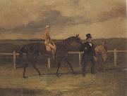 Mr J B Morris Leading his Racehorse 'Hungerford' with Jockey up and a Groom On a Racetrack Harry Hall